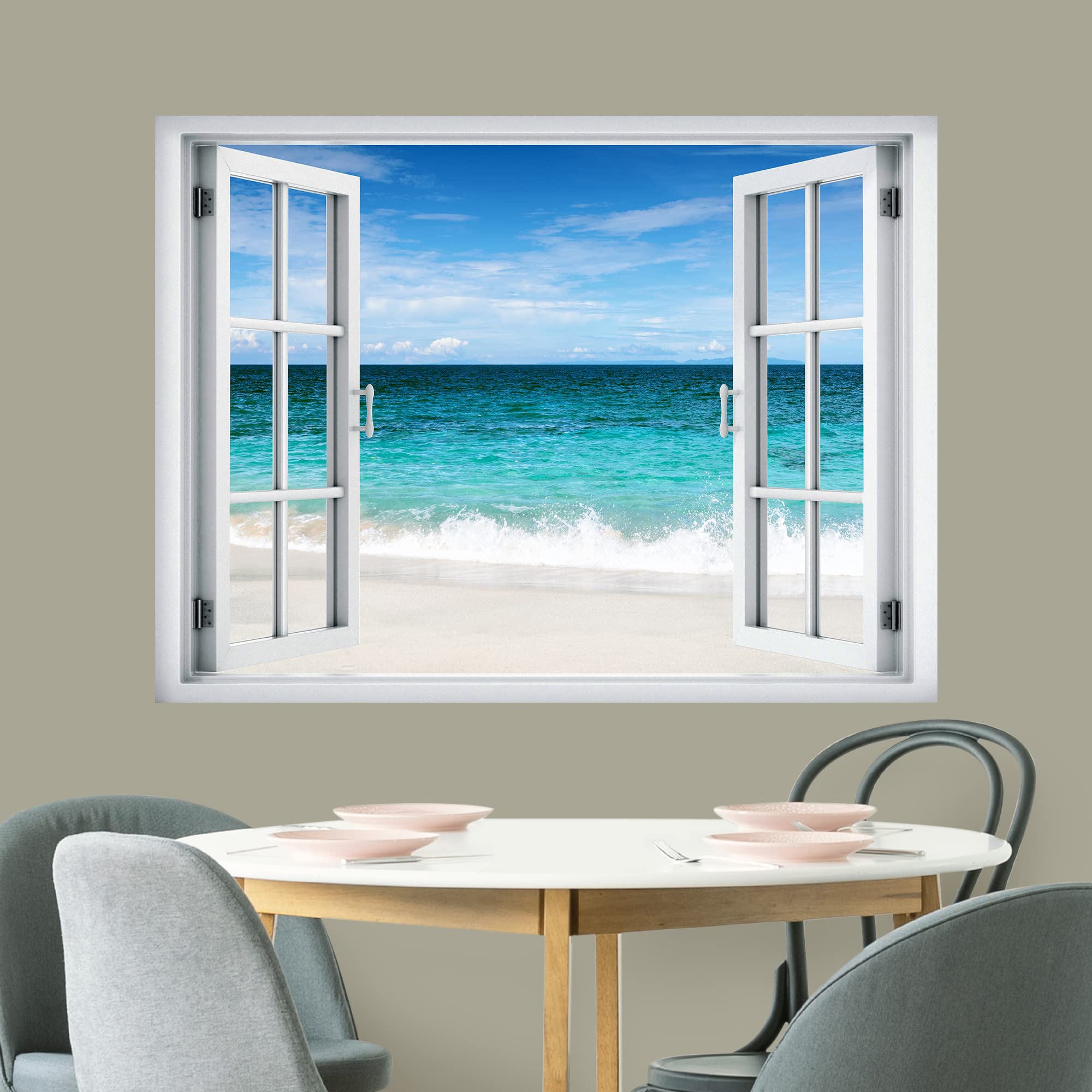 wall26 Removable Wall Sticker/Wall Mural Window View Tropical Teal Ocean Sea Beach Shore Paradise Nature Wilderness Photography Realism Landscape for Living Room  Bedroom  Office - 36''x48''